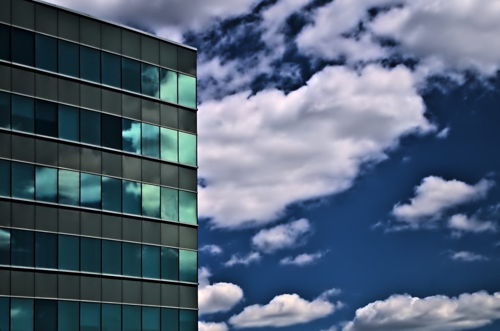 High-rise curtain wall glazing seen from below